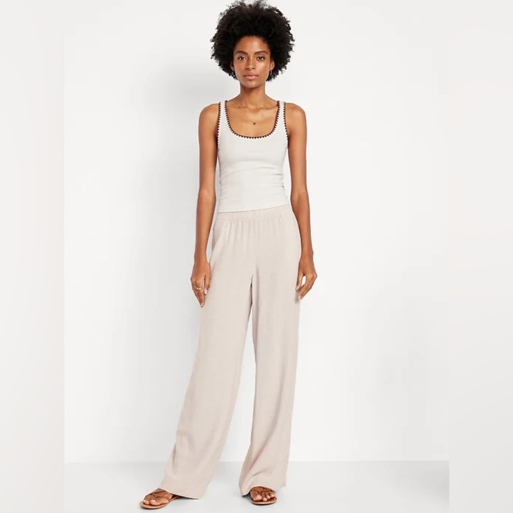 Old Navy High-Rise Wide Leg Comfort Waistband Linen-Like Pants, Size Large, Tan